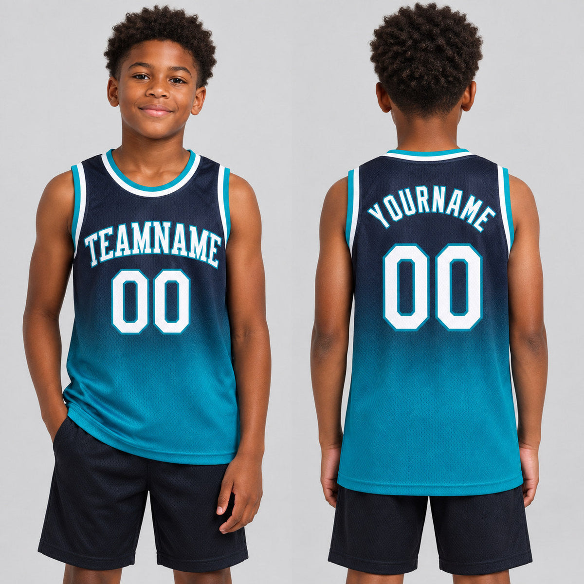 Custom Navy Fade Authentic Basketball Jersey with White and Teal Lettering youth size worn by child model