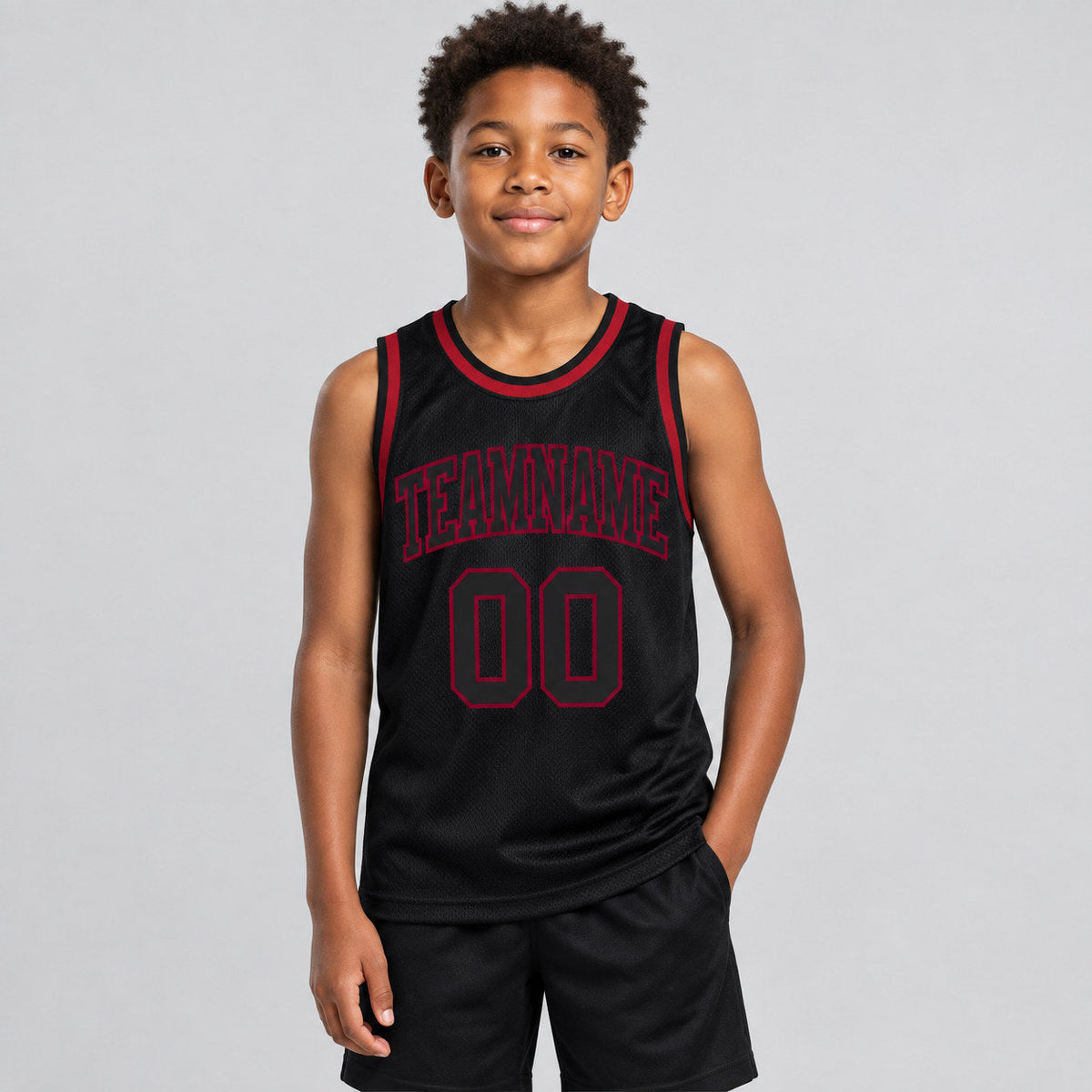 Custom Black Authentic Throwback Basketball Jersey with Black and Maroon Lettering youth size worn by child model