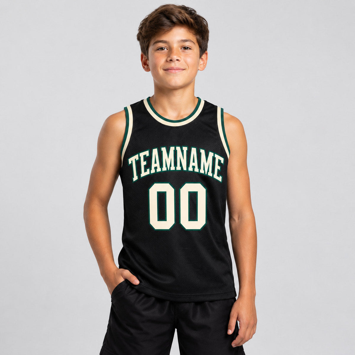 Custom Black Authentic Throwback Basketball Jersey with Cream and Green Lettering youth size worn by child model