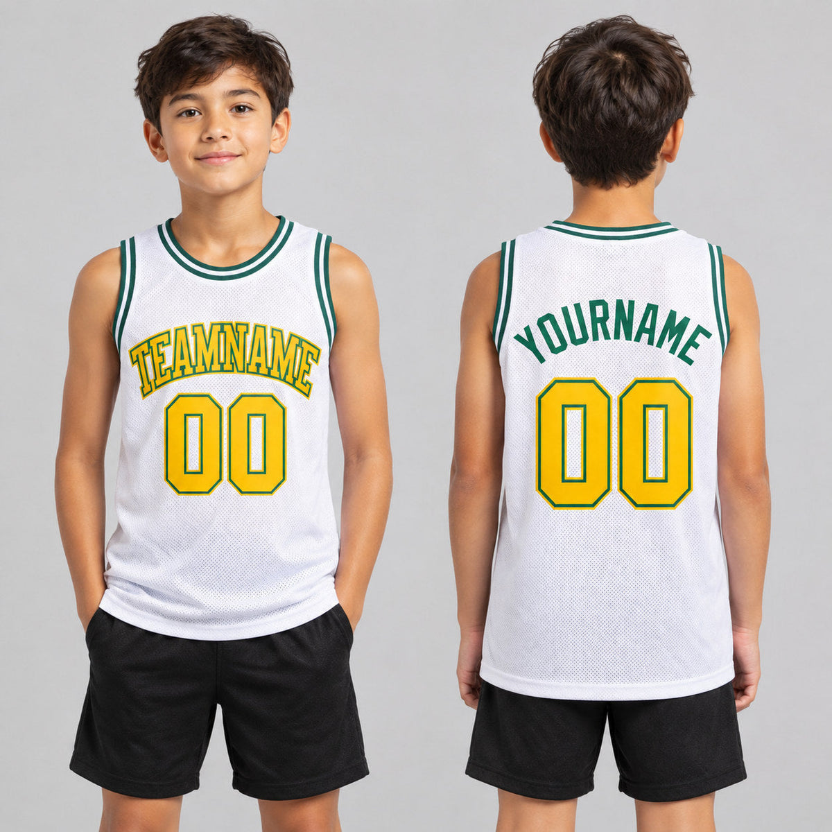Custom White Authentic Throwback Basketball Jersey with Gold and Kelly Green Lettering youth size worn by child model