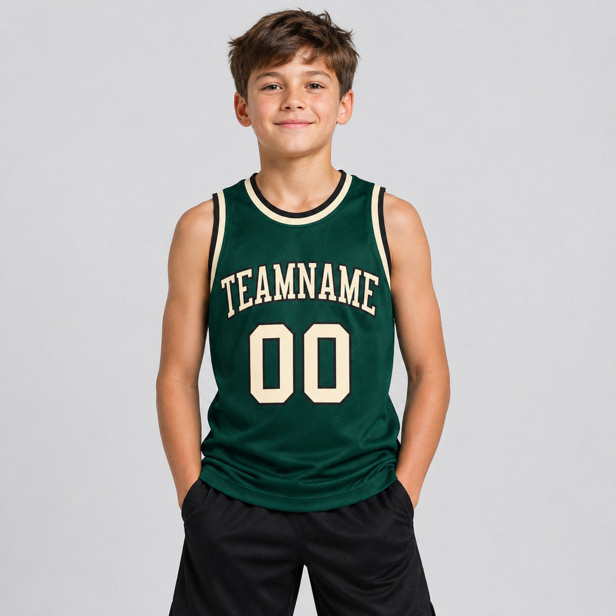 Custom Hunter Green Authentic Throwback Basketball Jersey with Cream and Black Lettering Design 0030 youth size worn by child model