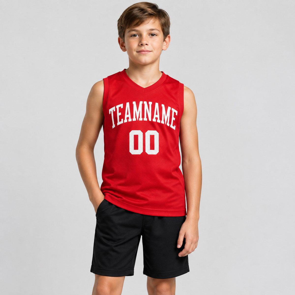 Custom Red Round Neck Basketball Jersey with White Lettering Design 0033 youth size worn by child model