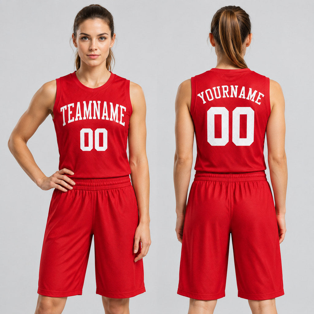 Custom Red Round Neck Basketball Jersey with White Lettering Design 0033 worn by female model