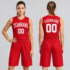 Custom Red Round Neck Basketball Jersey with White Lettering Design 0033 worn by female model