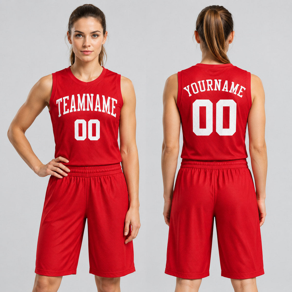 Custom Red Round Neck Basketball Jersey with White Lettering Design 0033 worn by female model