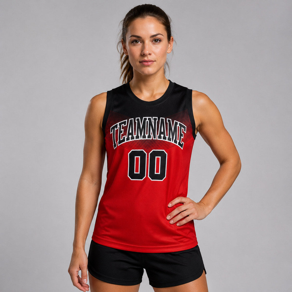 Custom Red Round Neck Sublimated Basketball Jersey with Black and White Lettering Design 0071 worn by female model
