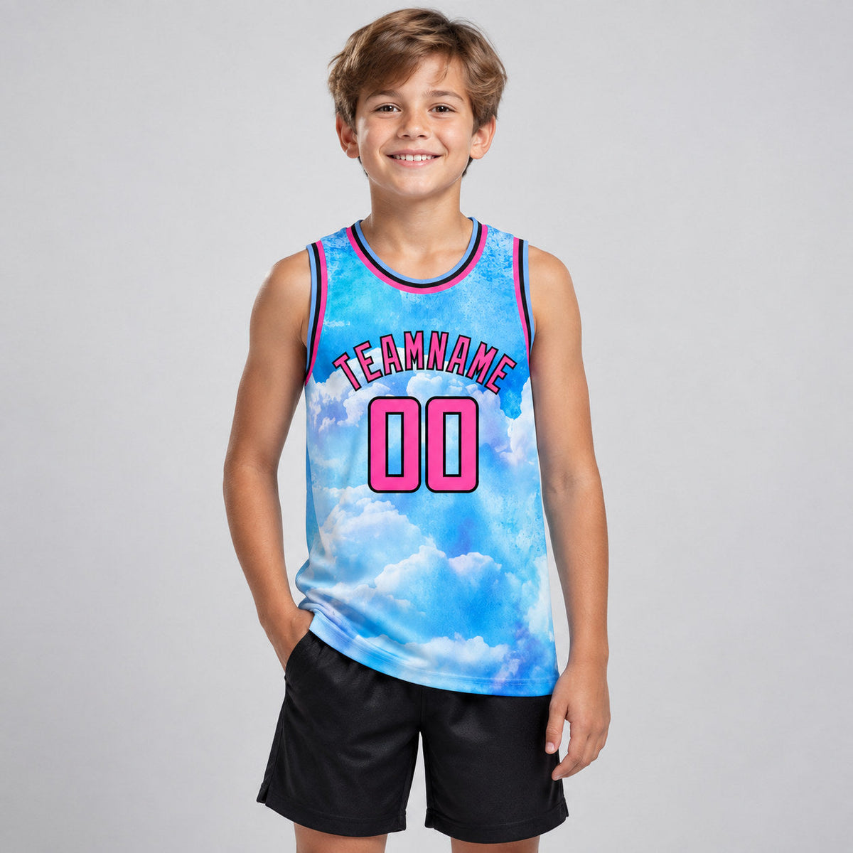 Custom Sky Blue Sky With Clouds Watercolor Authentic Basketball Jersey with Pink and Black Lettering youth size worn by child model