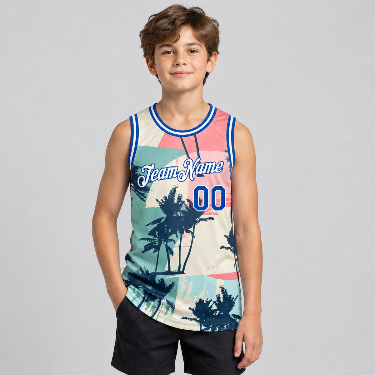 Custom Cream Tropical Hawaii Trees Authentic Basketball Jersey with Royal and White Lettering youth size worn by child model