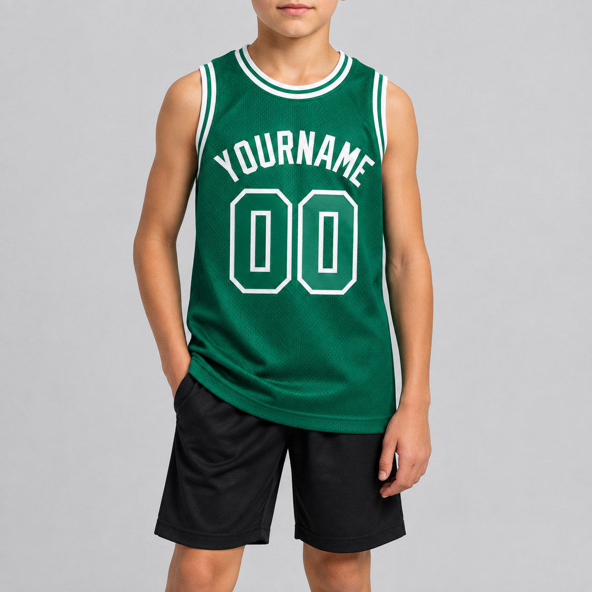 Custom Kelly Green Authentic Throwback Basketball Jersey with White Lettering Design 0442 youth size worn by child model