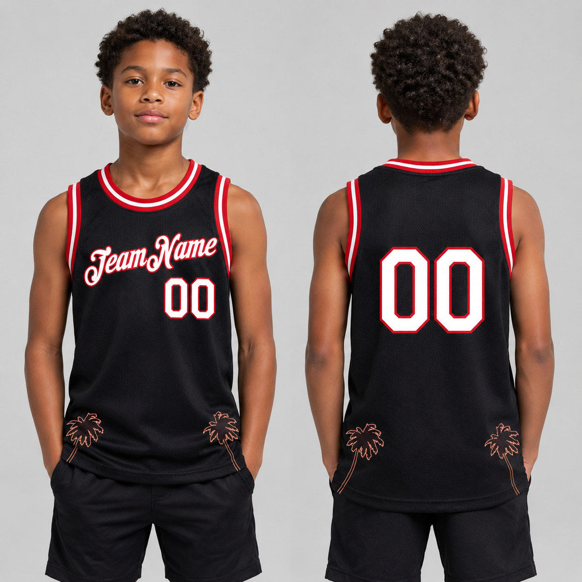 Custom Black Hawaii Palm Trees Authentic Basketball Jersey with White and Red Lettering youth size worn by child model