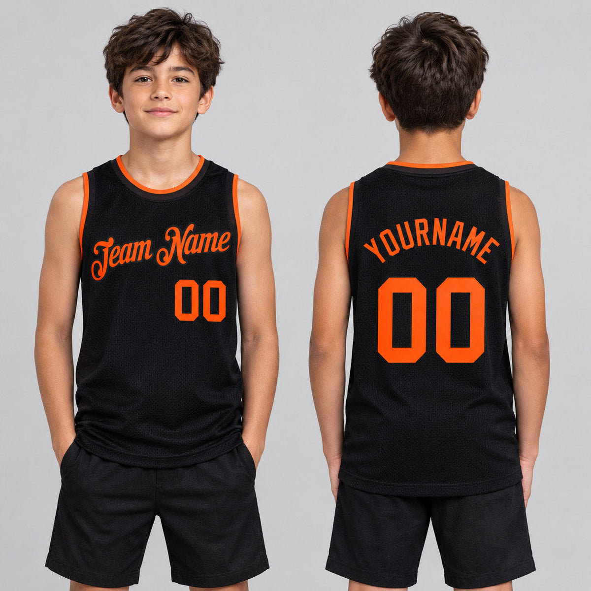 Custom Black Authentic Throwback Basketball Jersey with Orange Lettering Design 1543 youth size worn by child model