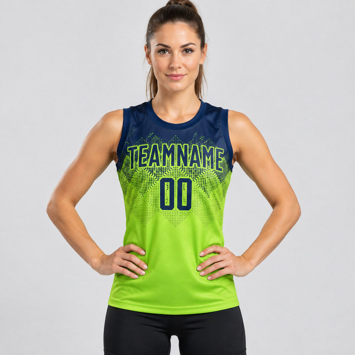 Custom Neon Green Round Neck Sublimated Basketball Jersey with Navy Lettering worn by female model