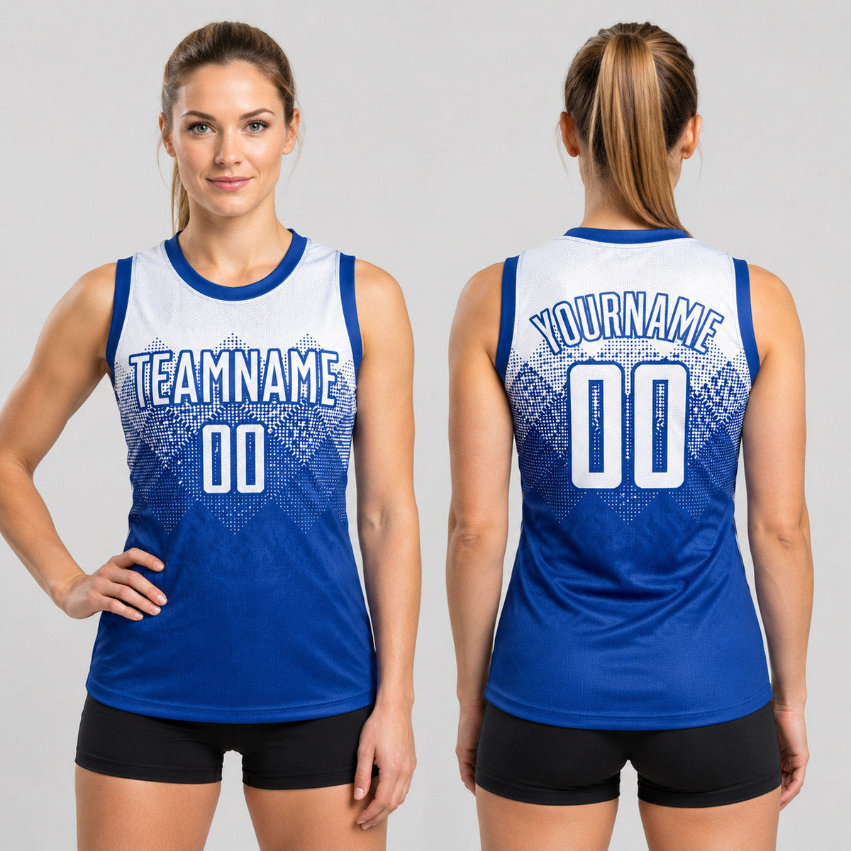 Custom Royal Round Neck Sublimated Basketball Jersey with White Lettering worn by female model