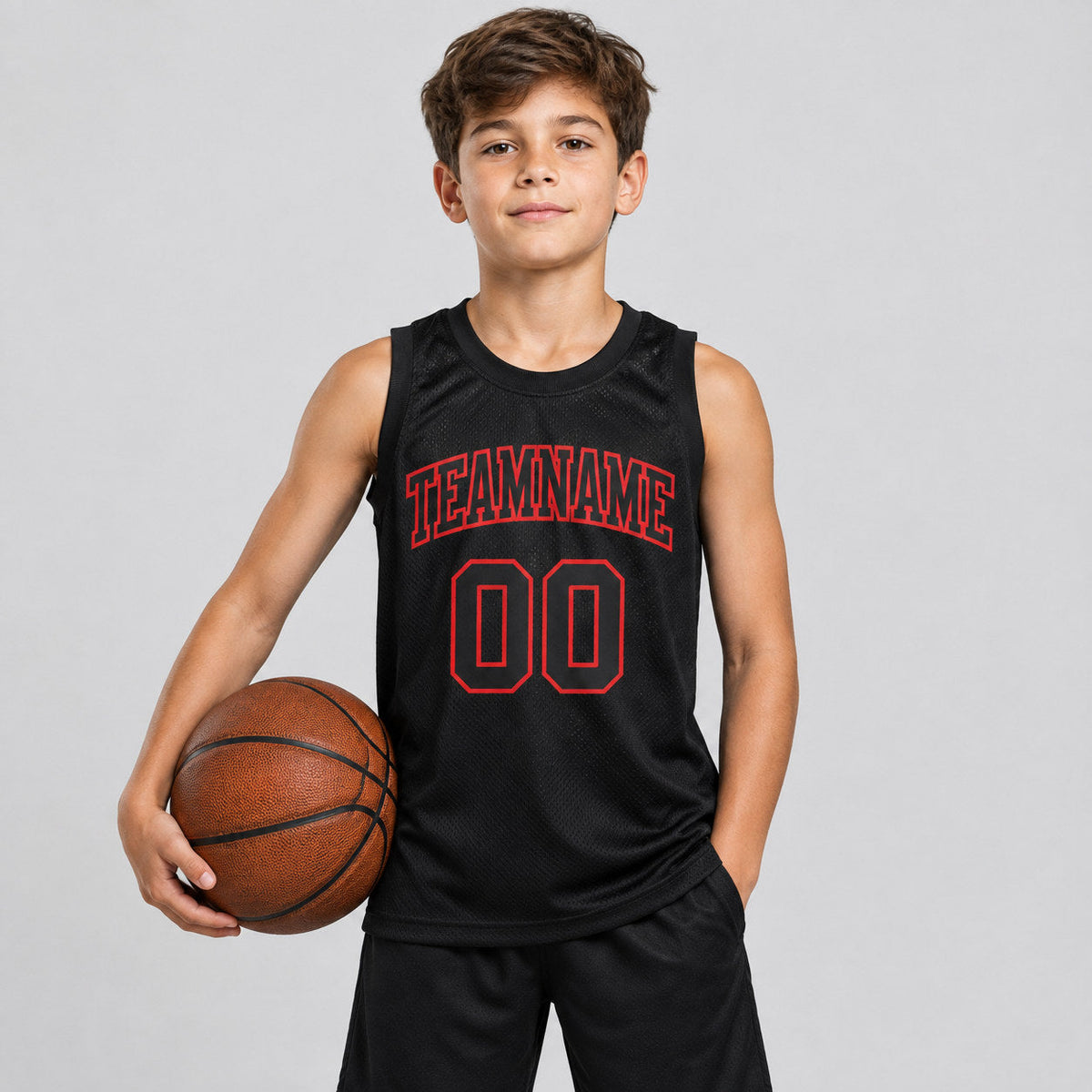 Custom Black Authentic Throwback Basketball Jersey with Red Lettering Design 1377 youth size worn by child model