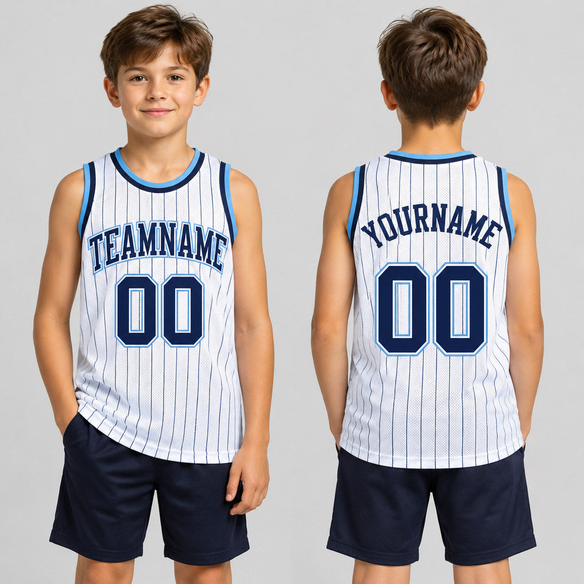 Custom White and Navy Pinstripe Authentic Basketball Jersey with Navy and Light Blue Lettering youth size worn by child model