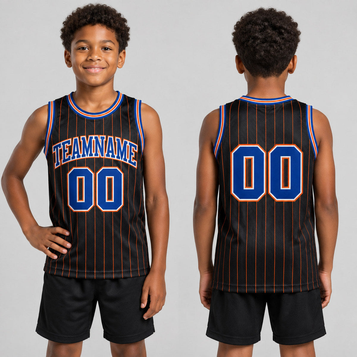 Custom Black and Orange Pinstripe Authentic Basketball Jersey with Royal and Orange Lettering youth size worn by child model