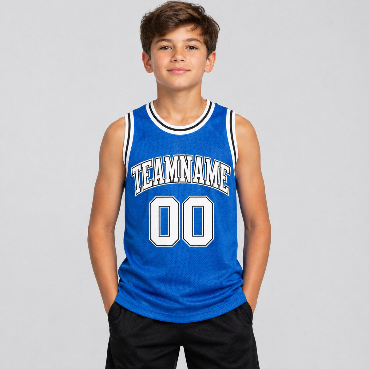 Custom Blue Authentic Throwback Basketball Jersey with White and Black Lettering Design 0104 youth size worn by child model