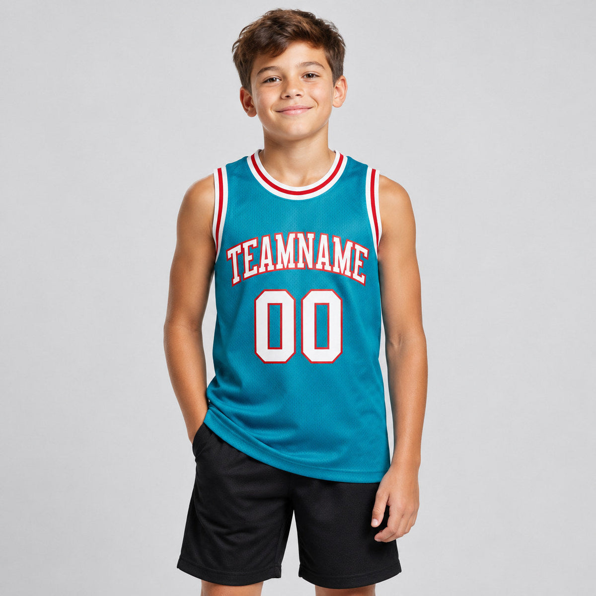 Custom Teal Authentic Throwback Basketball Jersey with White and Red Lettering youth size worn by child model