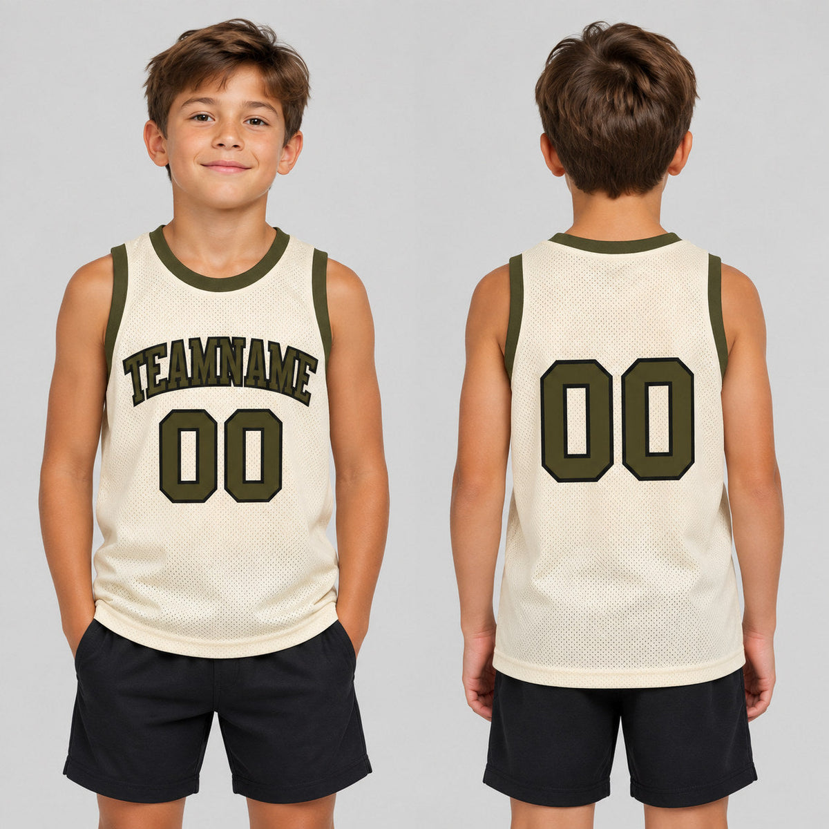 Custom Cream Authentic Throwback Basketball Jersey with Olive and Black Lettering youth size worn by child model