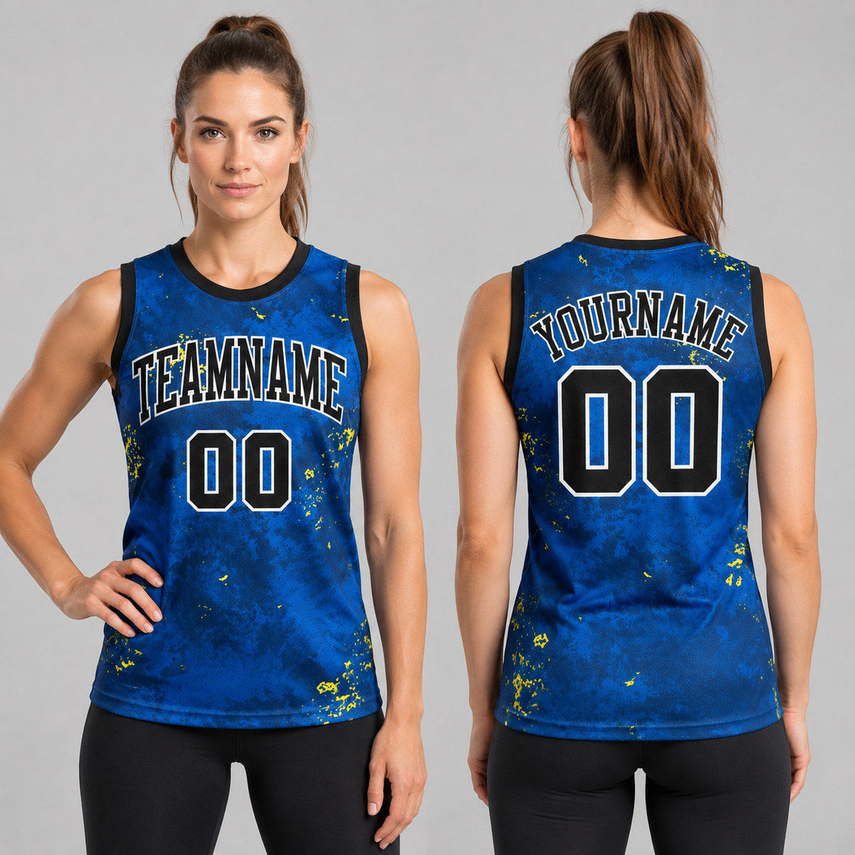 Custom Royal Round Neck Sublimated Basketball Jersey with Black and Gold Lettering worn by female model