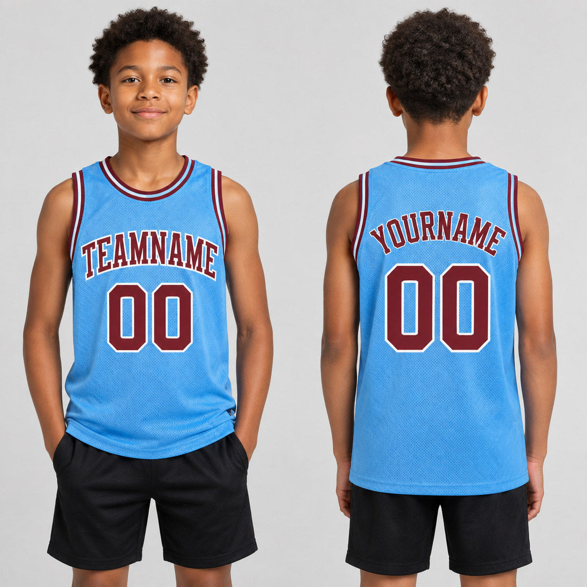 Custom Light Blue Authentic Throwback Basketball Jersey with Maroon and White Lettering youth size worn by child model