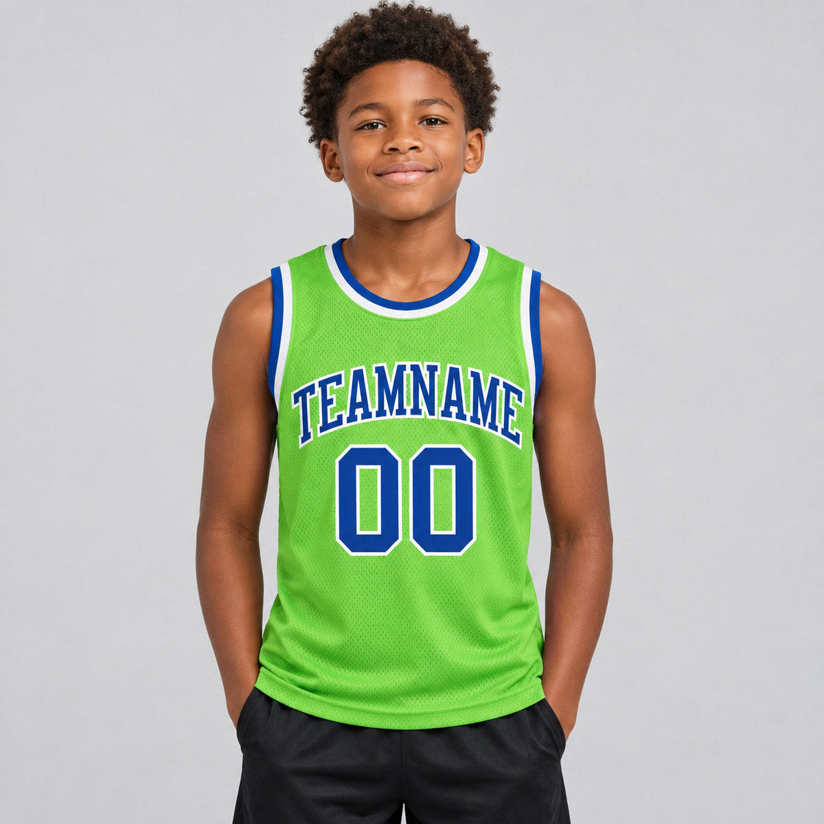 Custom Neon Green Authentic Basketball Jersey with Royal and White Lettering youth size worn by child model