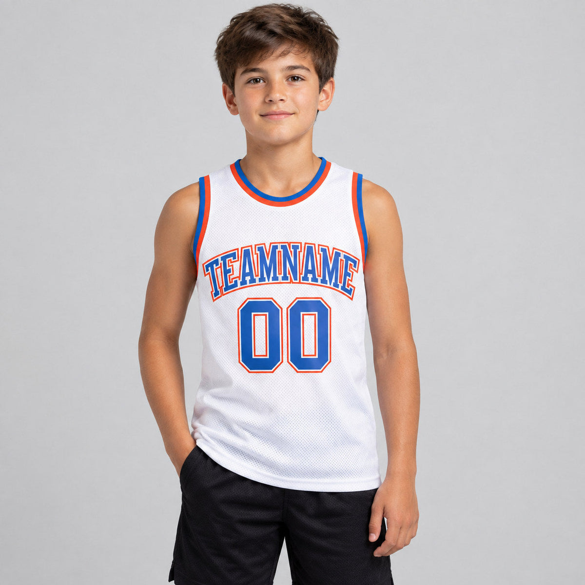 Custom White Authentic Throwback Basketball Jersey with Blue and Orange Lettering Design 0991 youth size worn by child model