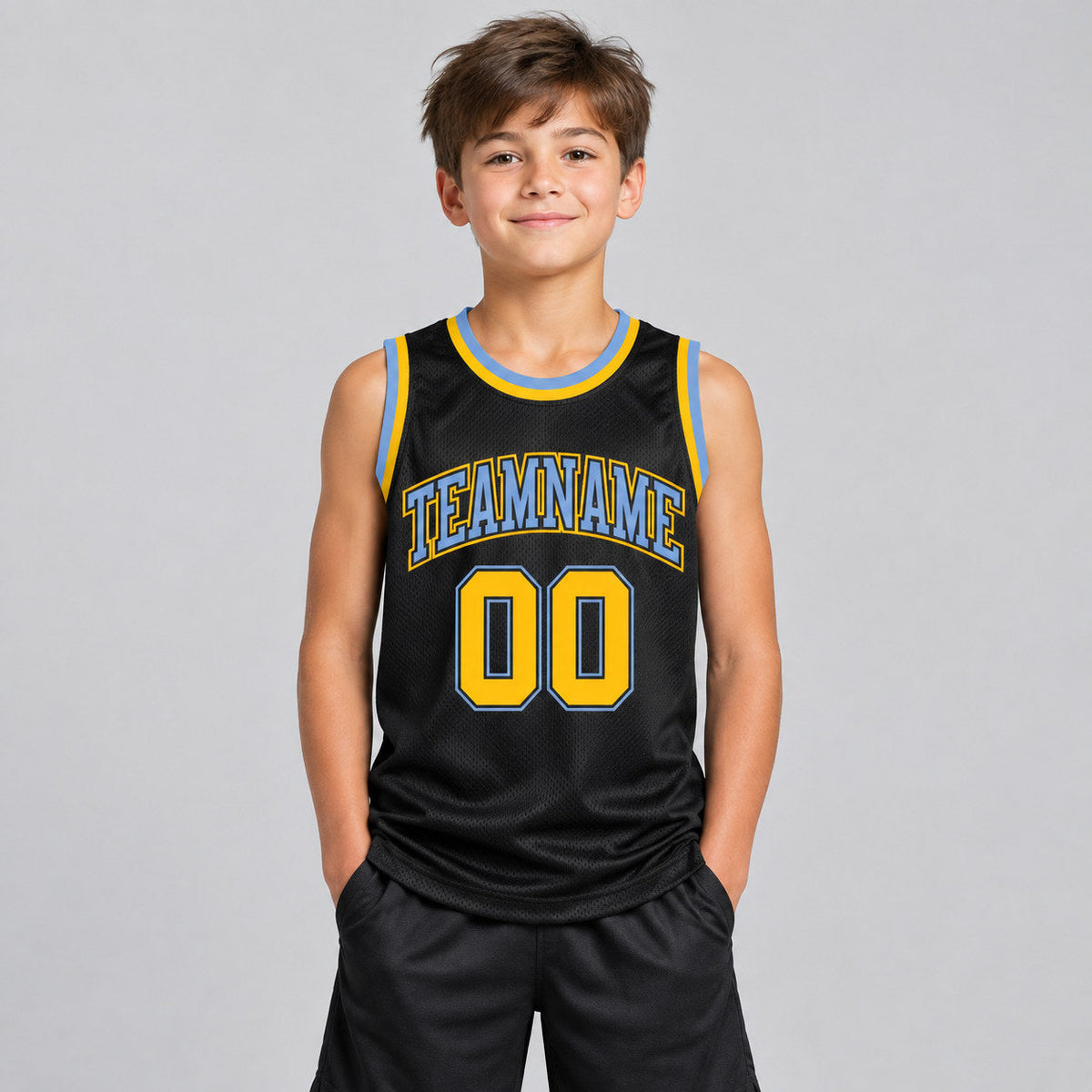 Custom Black Authentic Throwback Basketball Jersey with Gold and Light Blue Lettering youth size worn by child model
