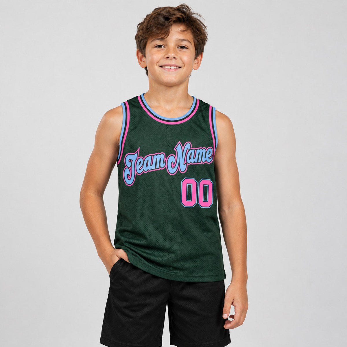 Custom Hunter Green Authentic Throwback Basketball Jersey with Pink and Light Blue Lettering youth size worn by child model