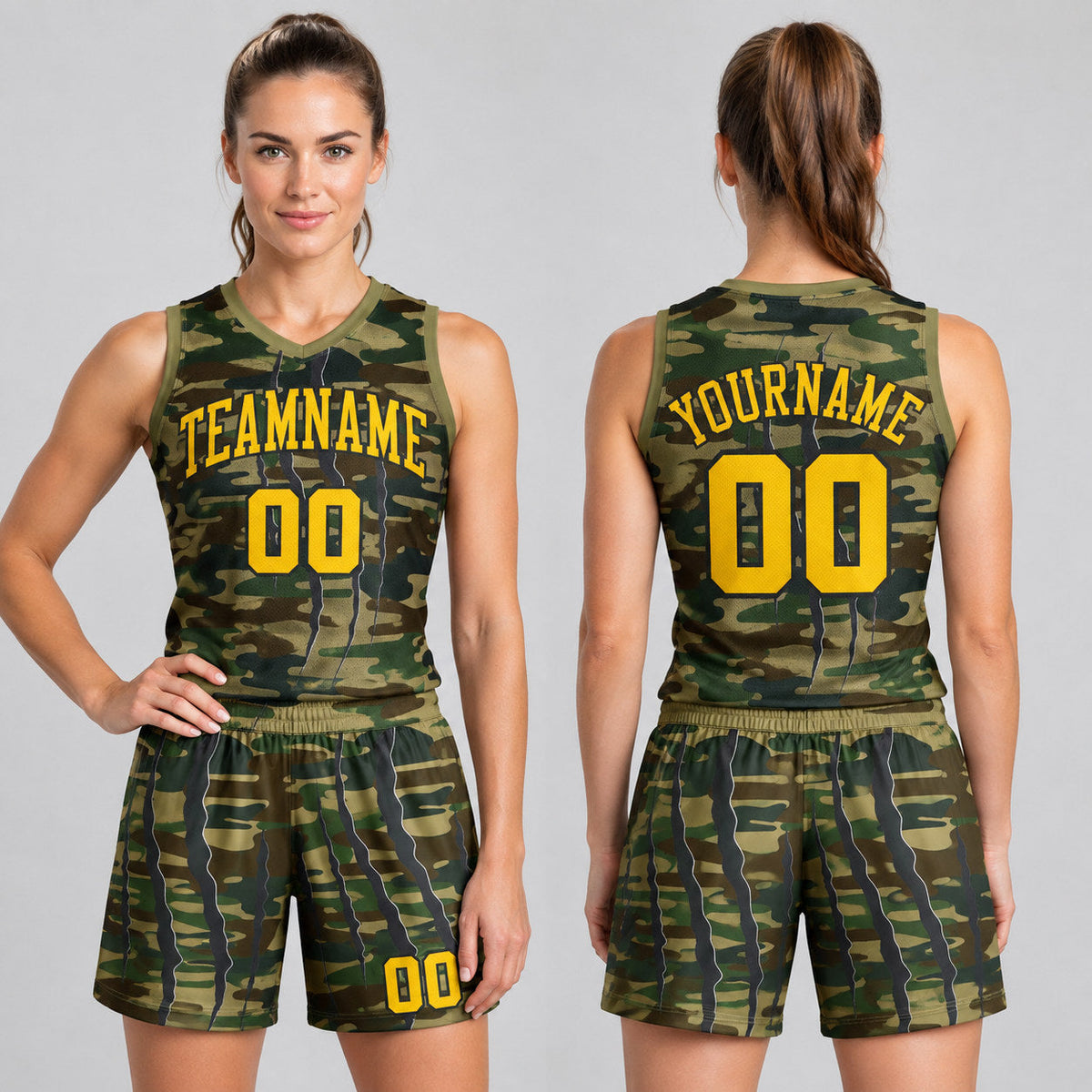 Custom Yellow and Black Camo Digital Camouflage Claw Salute Round Neck Sublimated Basketball Jersey worn by female model