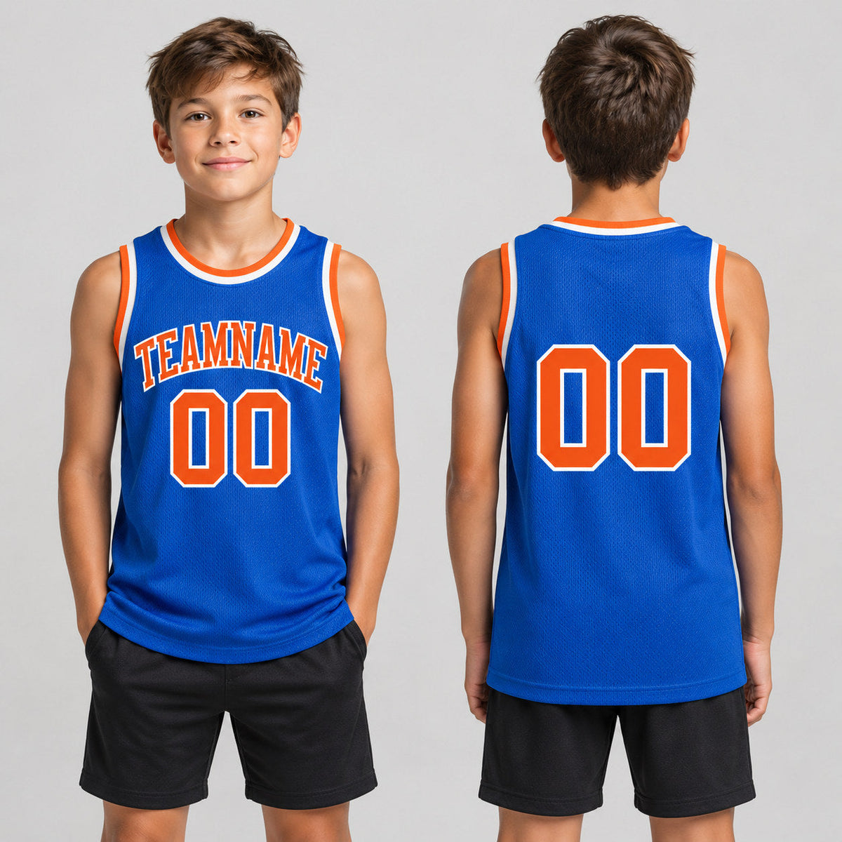 Custom Thunder Blue Authentic Basketball Jersey with Orange and White Lettering youth size worn by child model