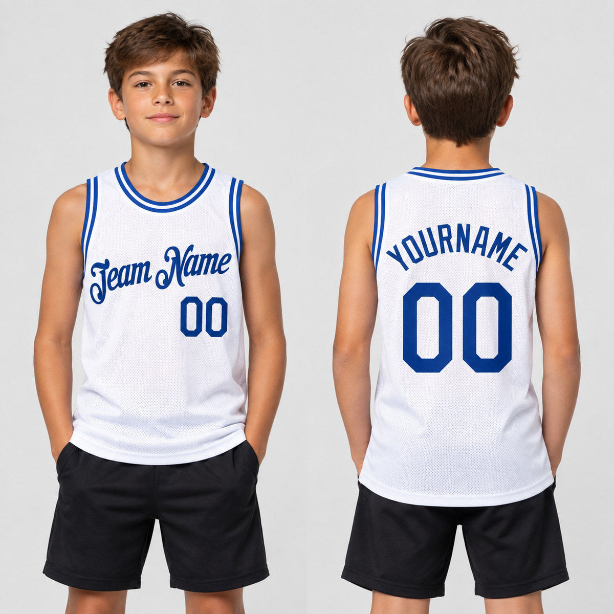 Custom White Authentic Throwback Basketball Jersey with Royal Lettering youth size worn by child model