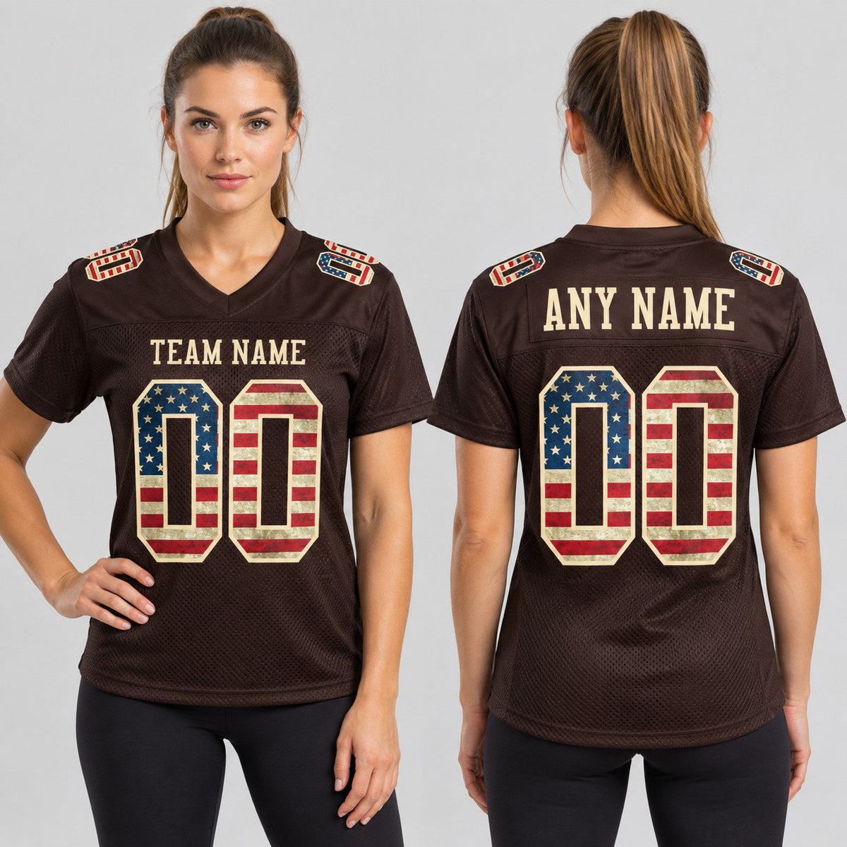 Custom Brown Vintage USA Flag Mesh Authentic Football Jersey with City Cream Lettering worn by female model