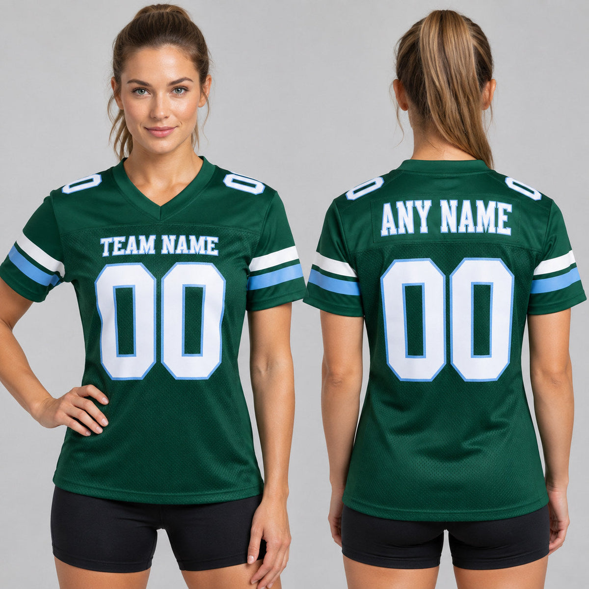 Custom Green Mesh Authentic Football Jersey with White and Light Blue Lettering worn by female model