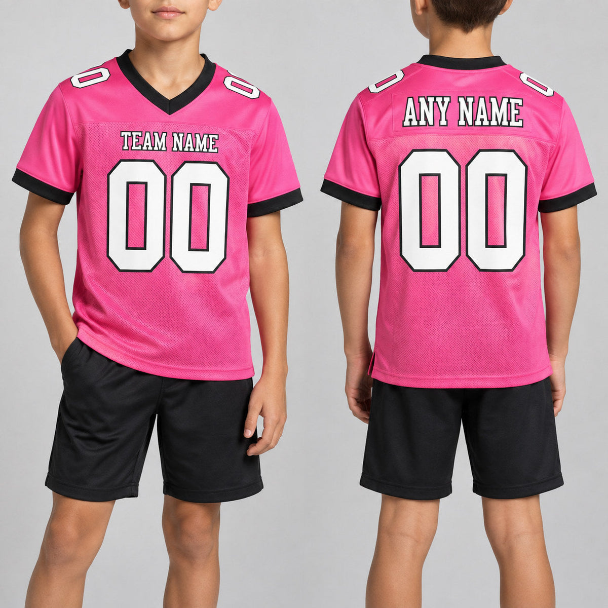 Custom Pink Mesh Authentic Football Jersey with White and Black Lettering Design 0274 youth size worn by child model