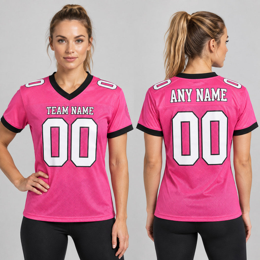 Custom Pink Mesh Authentic Football Jersey with White and Black Lettering Design 0274 worn by female model
