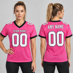 Custom Pink Mesh Authentic Football Jersey with White and Black Lettering Design 0274 worn by female model