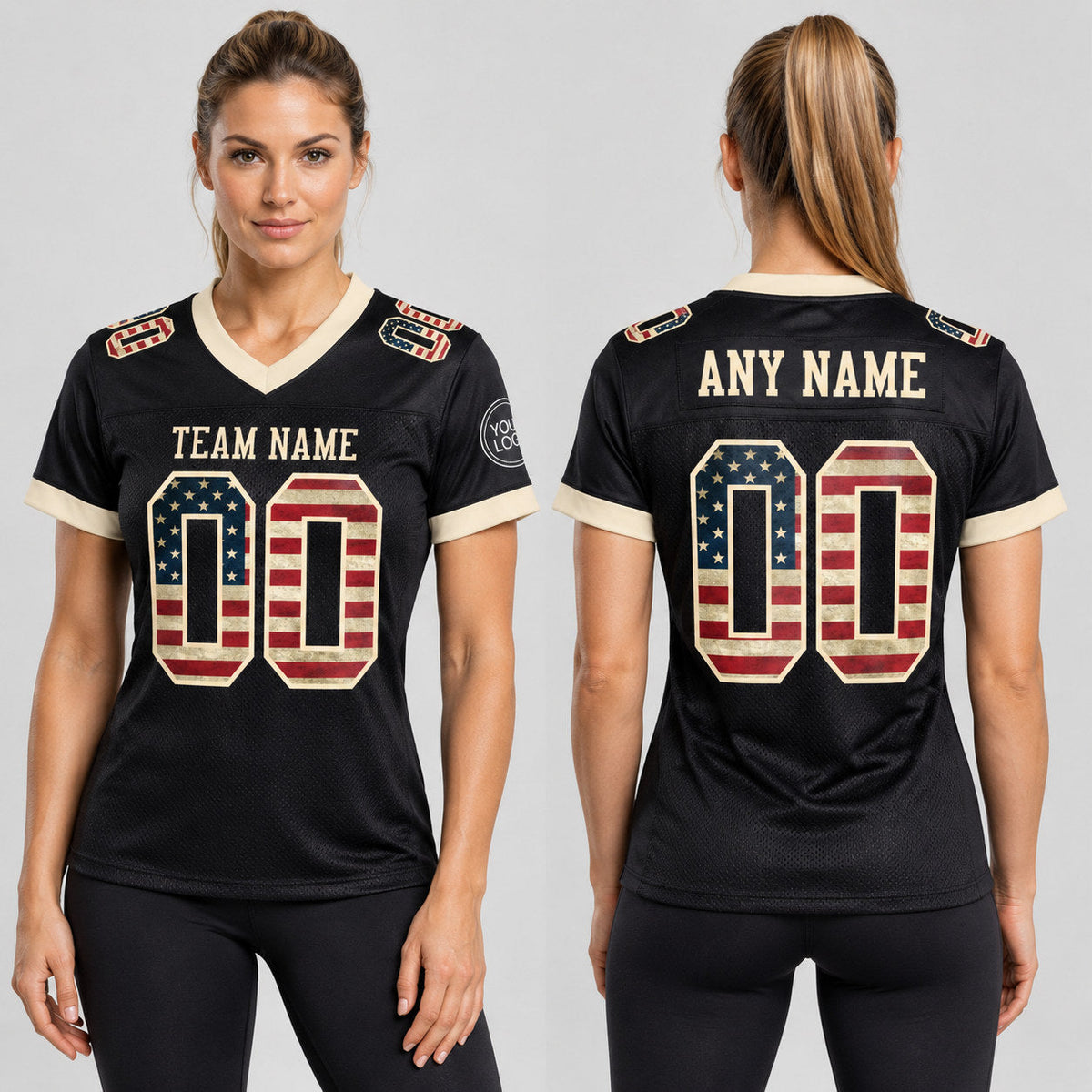 Custom Black Vintage USA Flag Mesh Authentic Football Jersey with Cream Lettering Design 1580 worn by female model