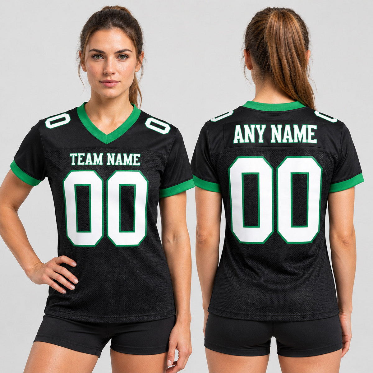 Custom Black Mesh Authentic Football Jersey with White and Grass Green Lettering worn by female model