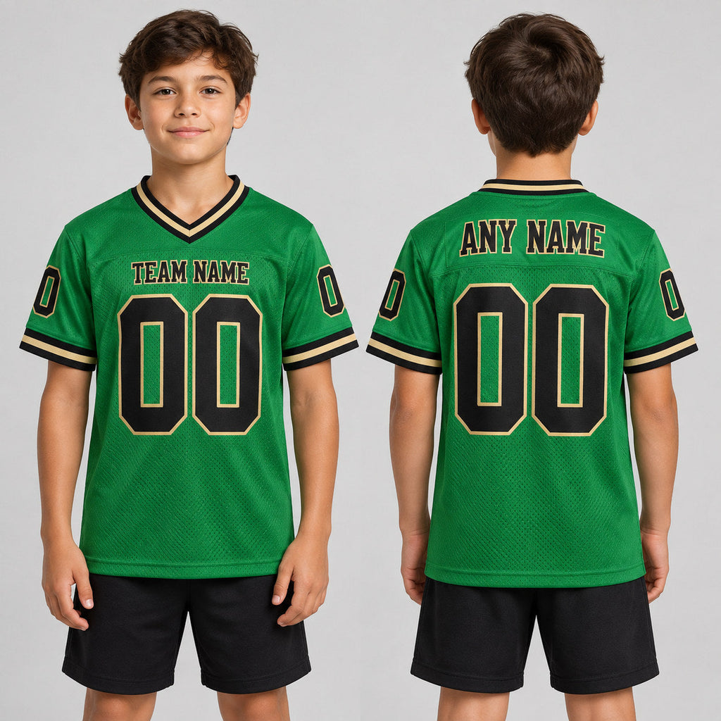 Custom Grass Green Mesh Authentic Football Jersey with Black and Old Gold Lettering Design 0259 youth size worn by child model