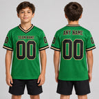 Custom Grass Green Mesh Authentic Football Jersey with Black and Old Gold Lettering Design 0259 youth size worn by child model