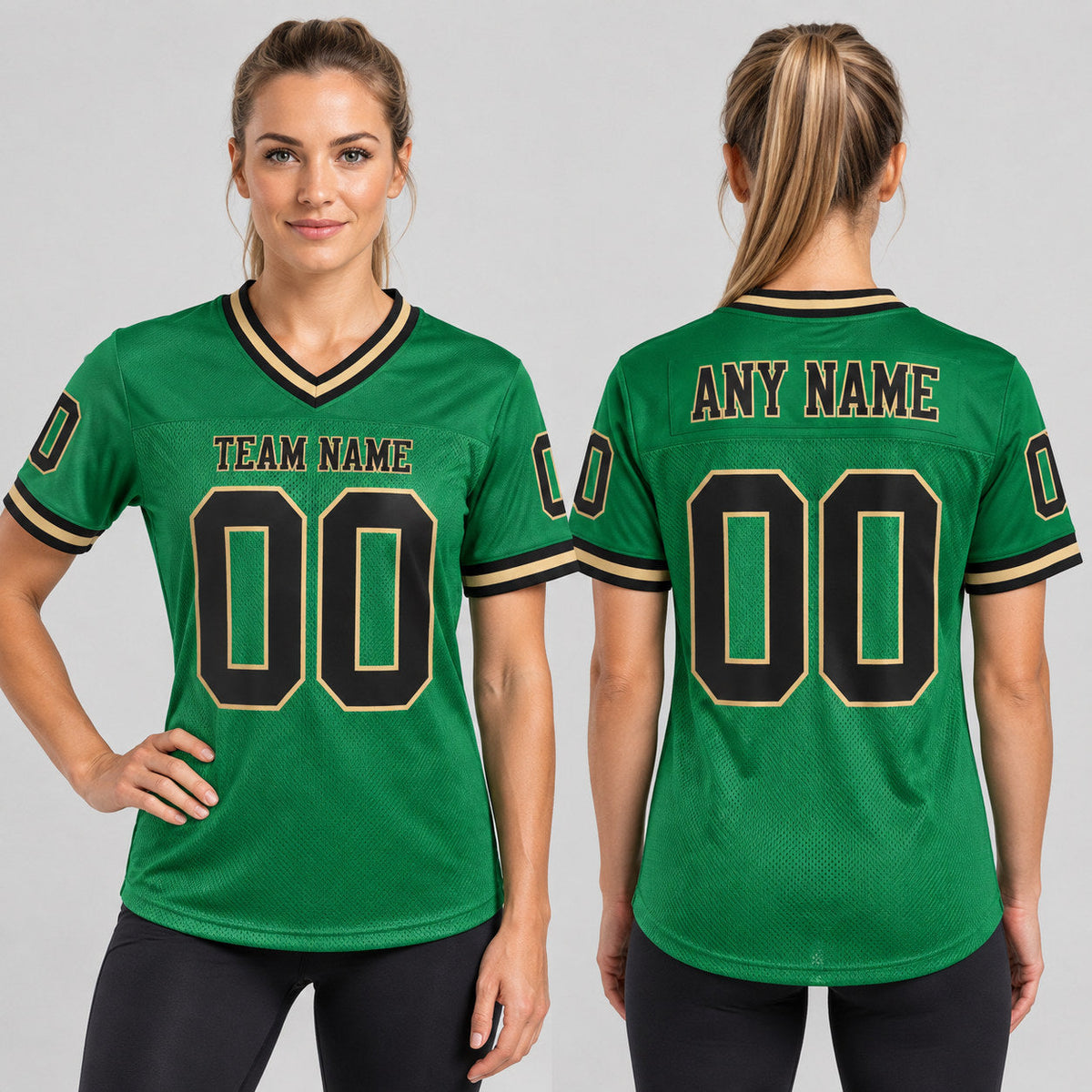 Custom Grass Green Mesh Authentic Football Jersey with Black and Old Gold Lettering Design 0259 worn by female model