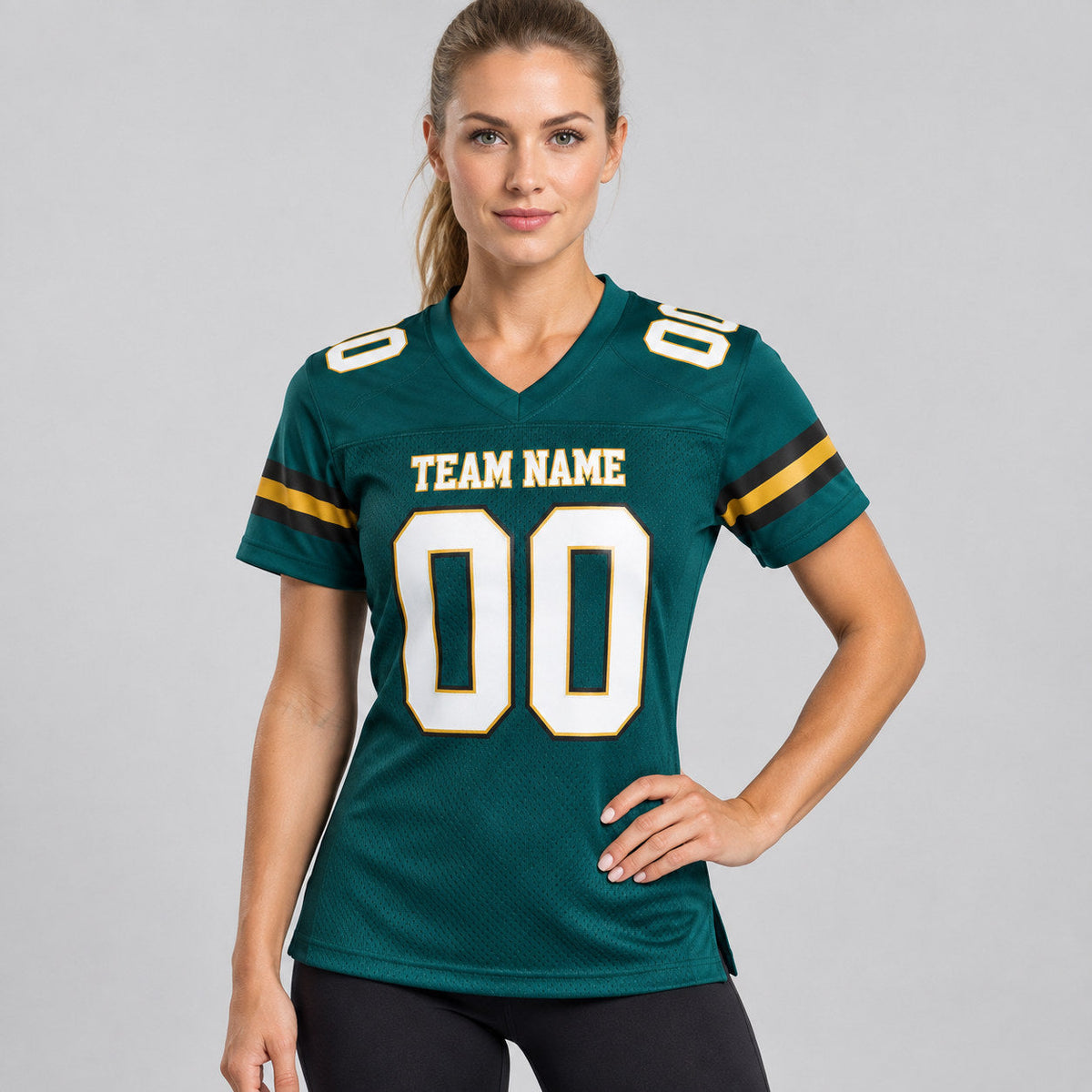 Custom Midnight Green Mesh Authentic Football Jersey with White and Old Gold Lettering worn by female model