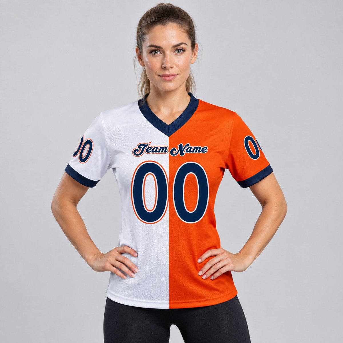 Custom Orange Split Football Jersey with Navy and White Lettering worn by female model