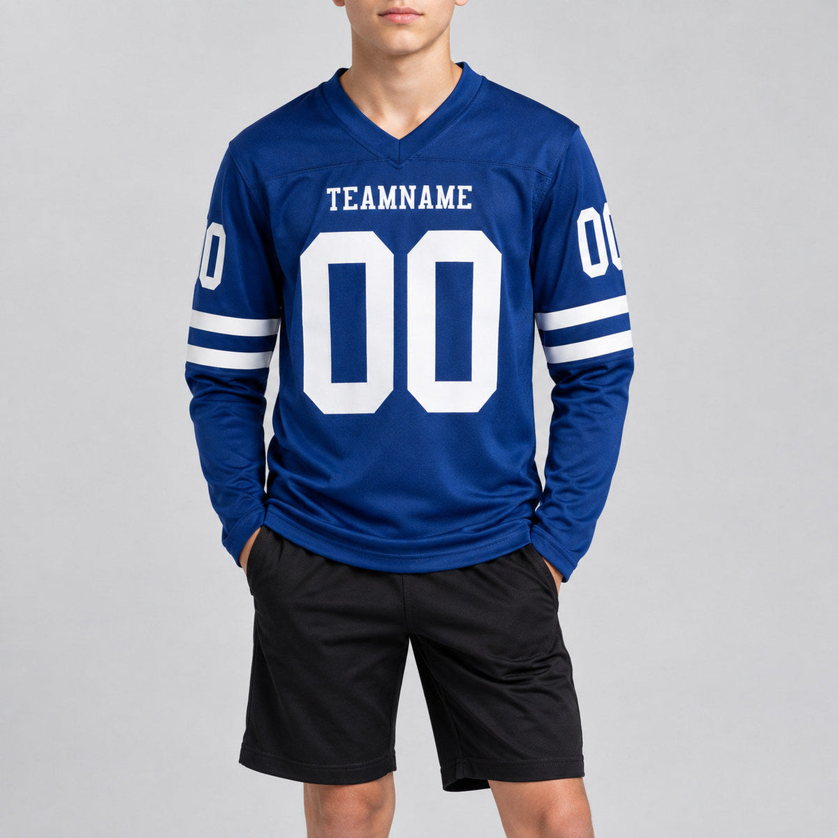 Custom Royal Long Sleeve Authentic Football Jersey with White Lettering youth size worn by child model