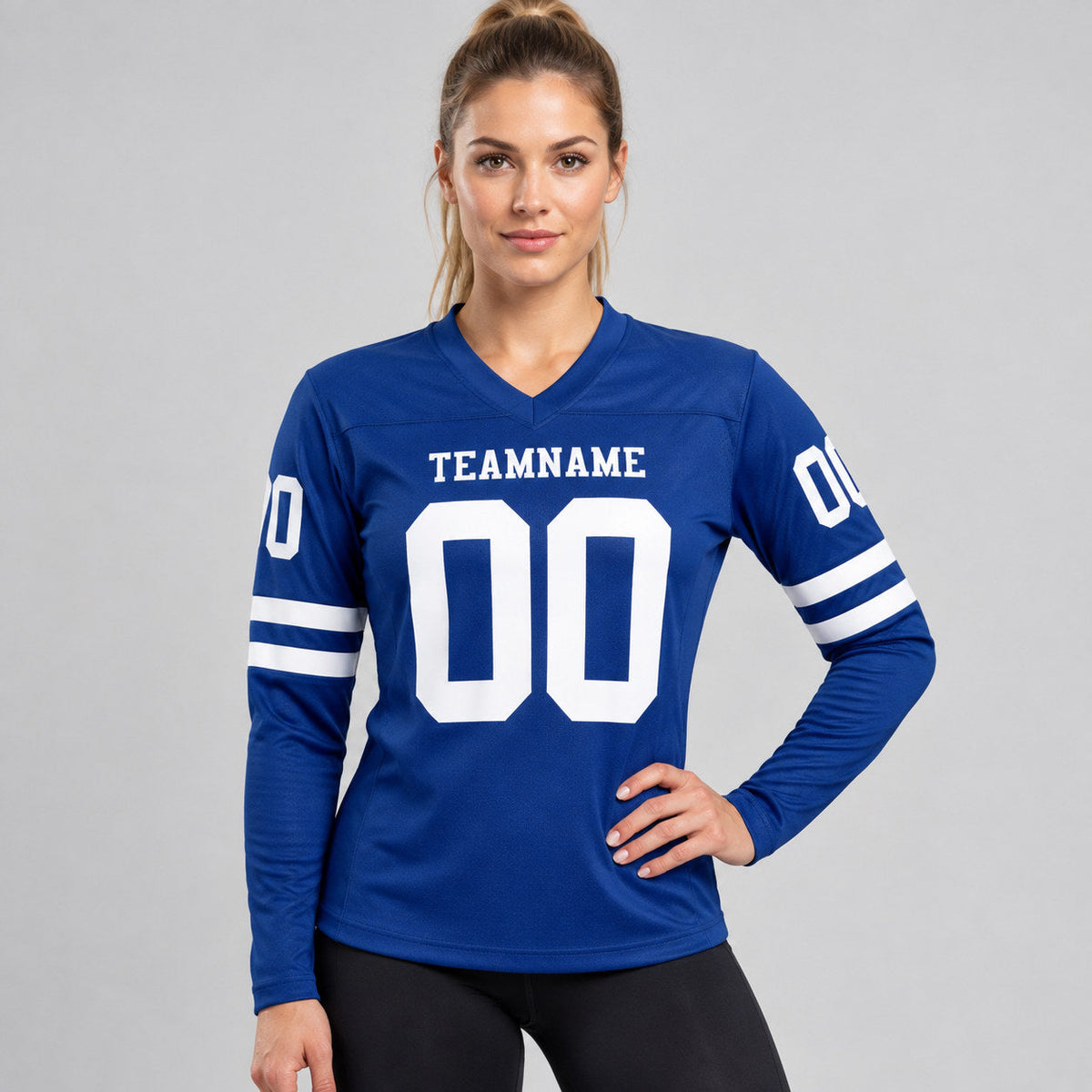 Custom Royal Long Sleeve Authentic Football Jersey with White Lettering worn by female model