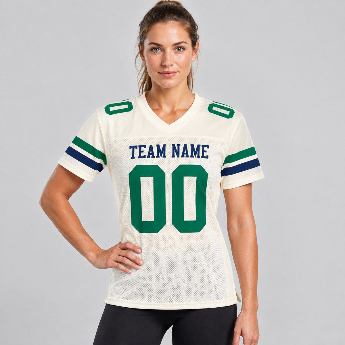 Custom Cream Mesh Authentic Football Jersey with Kelly Green and Navy Lettering worn by female model