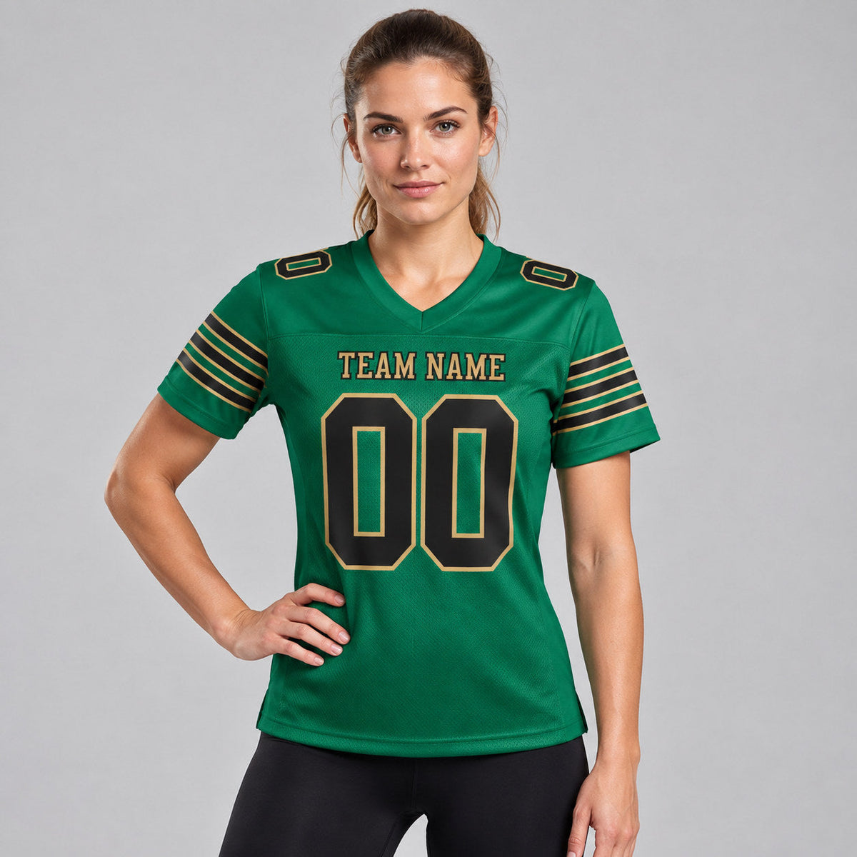 Custom Kelly Green Mesh Authentic Football Jersey with Black and Old Gold Lettering Design 0297 worn by female model