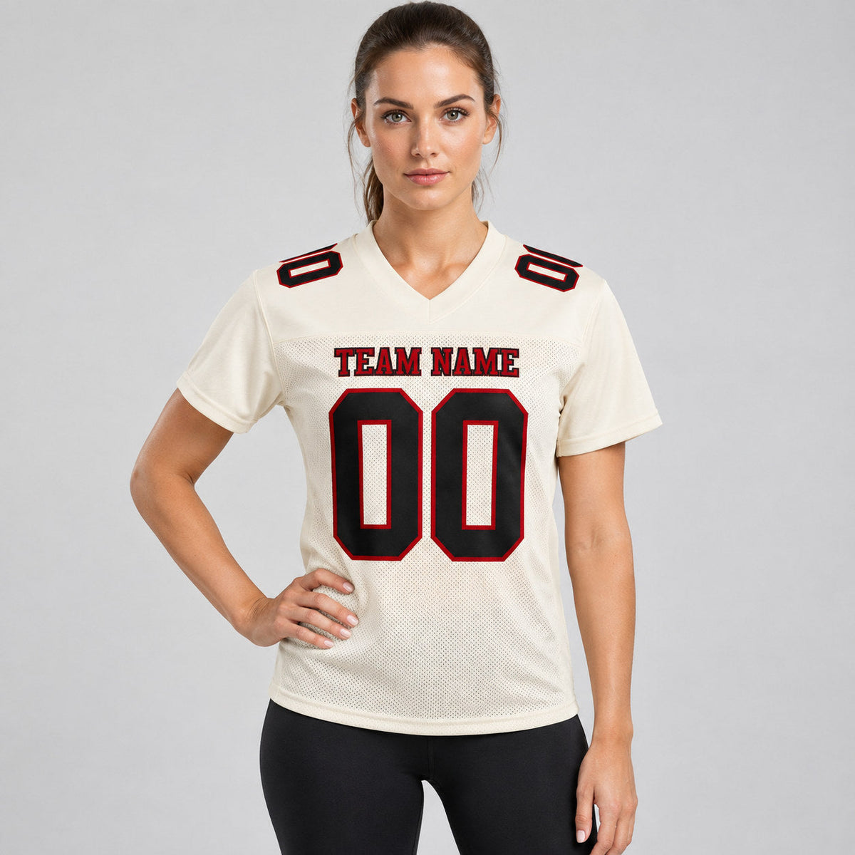 Custom Cream Mesh Authentic Football Jersey with Black and Red Lettering Design 0314 worn by female model