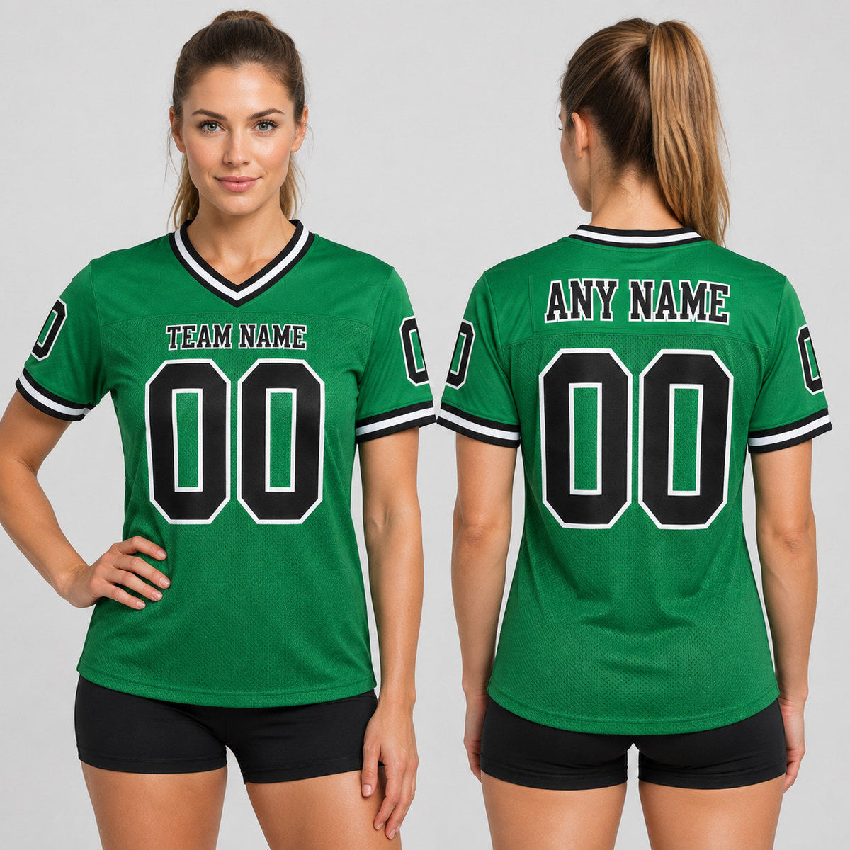 Custom Grass Green Mesh Authentic Football Jersey with Black and White Lettering Design 0104 worn by female model